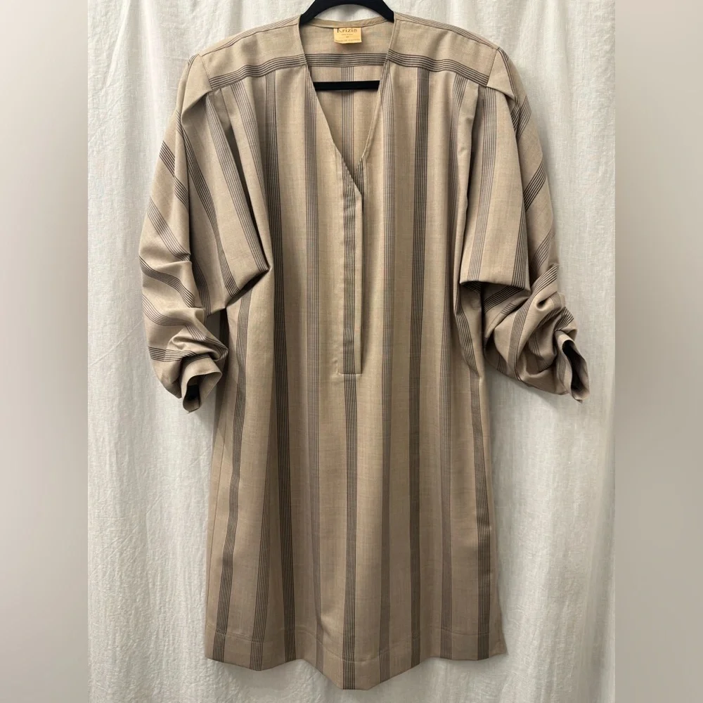 VINTAGE KRIZIA 90's Bergdorf Goodman Striped Neutral Midi Tunic Dress RARE M? - Picture 1 of 13